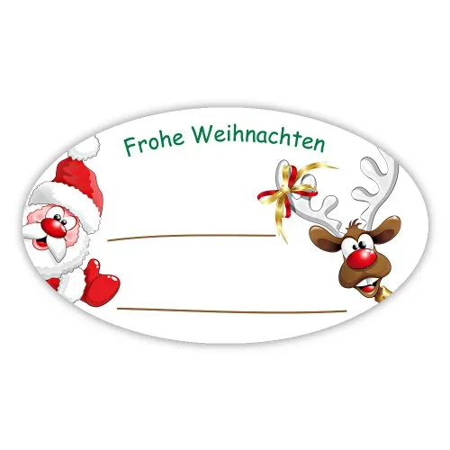 Weihnachtsaufkleber Frohe Weihnachten - Weihnachtsmann mit Rentier, 100 Stück auf Rolle - Universal-Aufkleber, glänzendes Haftpapier in ovaler Form (60 x 35 mm), ideal zum Beschriften und dekorativen Verzieren in der Weihnachtszeit.