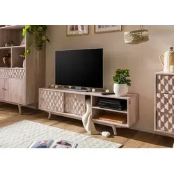 Massivmoebel24 TV-Board Akazie MOSAYK #201 - Lowboard aus Akazie mit einzigartigem Mosaik-Design, bietet Retro-Charme und eine strukturierte Oberfläche für einen stilvollen Blickfang im Wohnzimmer.