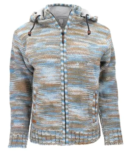 GURU SHOP Kuschelige Strickjacke mit Baumwollfutter - Herrenmode in Batik Blau/Braun, Größe L - Wohlfühl-Strickjacke aus Schurwolle mit praktischem Reißverschluss und abnehmbarer Kapuze. Ideal für kalte Tage, ausgestattet mit geräumigen Taschen für zusätzlichen Komfort.