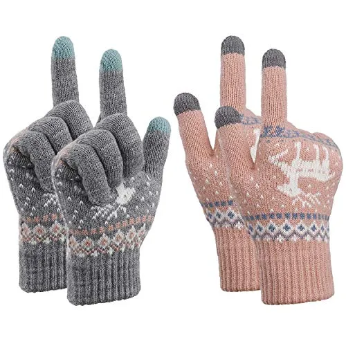 MengH-SHOP Touchscreen Handschuhe Damen Winterhandschuhe Frauen Fäustlinge Baumwollhandschuhe Winter Warm Damenhandschuhe 2 Paare (Rosa und Grau)