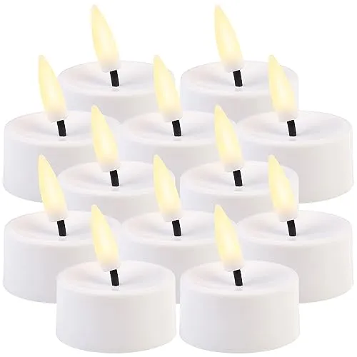 Britesta LED-Kerzen-Teelicht: 12er-Set LED-Teelichter mit nachgebildetem Docht und Timer (ohne Flamme, Abschaltautomatik, 3D)