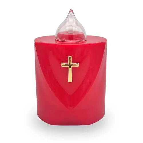 AROBA LED Grabkerze Trauerlicht - Flackereffekt wie echte Kerze - lange Brenndauer bis 120 Tage - wiederverwendbar Friedhofskerze Gedenkkerze Dauerkerze - rot Heiliges Kreuz