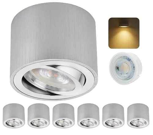 Sweet Led 6x Aufbauspot Alu Gebürstet – Flach & Schwenkbar - Deckenspots aus gebürstetem Aluminium mit wechselbarem 5W LED Modul. Ideal für gezielte Akzentbeleuchtung in Wohnräumen, einfach zu montieren und direkt an 230V anschließbar.