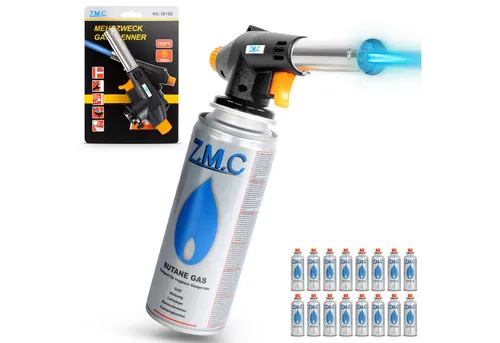 ZMC Flambierbrenner Gasbrenner Gasanzünder Lötbrenner mit Piezozündung + Gaskartuschen, (Temperatur von bis zu 1300 ° C, Einstellbare Flamme, Piezo-Zündung, Kohleanzünder Flambierbrenner Butangasbrenner, 16-tlg), Brenneraufsatz Gasbrenner Flambiergerät Lötbrenner Gasanzünder
