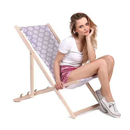 DreamRoots Liegestuhl Klappbar Holz aus Buchenholz, bis 130 kg belastbar, 3-Fach verstellbare Rückenlehne, waschbarer Polyesterbezug