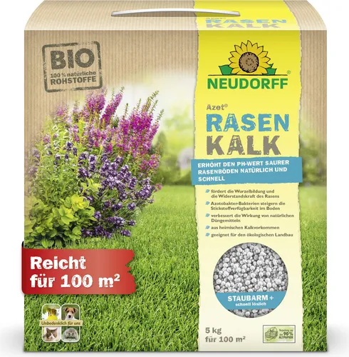 Neudorff Azet RasenKalk – Effektiver Bio Rasenkalk für gesunden Rasen, 5 kg für 100 m² - Optimiert den pH-Wert sauerer Rasenböden für kräftiges Wachstum. Fördert eine gleichmäßige Rasenfläche und beugt Moosbildung vor. Schnelle Wirkung innerhalb weniger Tage für ein grünes und gesundes Grün.
