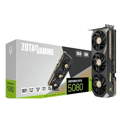 ZOTAC GAMING GeForce RTX 5080 SOLID CORE - Hochleistungs-Grafikkarte - Grafikkarten für Gaming und kreative Anwendungen, mit fortschrittlicher Raytracing-Technologie für atemberaubende Grafiken und flüssige Spieleerfahrung.