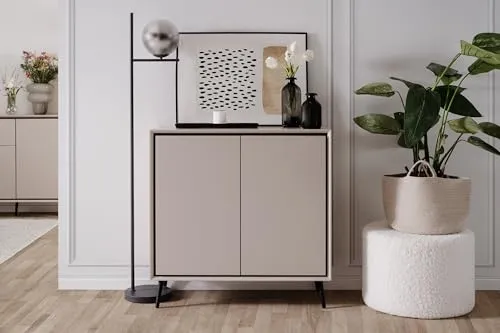 möbelando Kommode Arona 2 Türen, Sand/Schwarz - 90x90x38cm - Moderne Kommode in Sand und Schwarz, bietet großzügigen Stauraum und Softclose-Türen für leises Schließen. Ideal für Wohn-, Schlaf- oder Esszimmer.