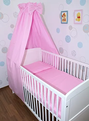 Primawela Baby Bettset Bettwäsche mit Himmel Vollstoff - Rosa - Bettausstattung Set (4 teilig)