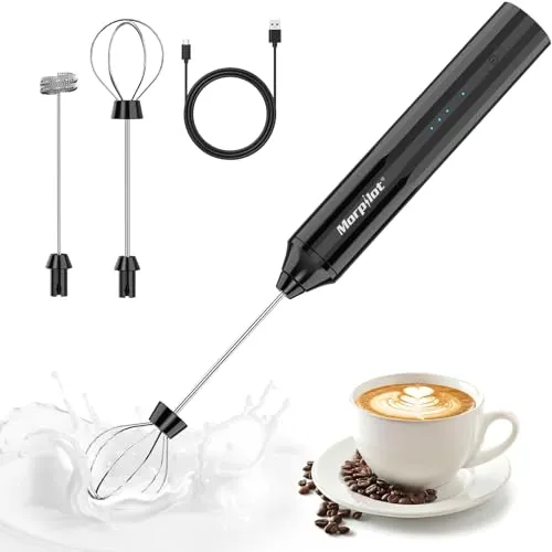 Morpilot Milchaufschäumer Stab, Milchschäumer Elektrisch Wiederaufladbar, abnehmbarer Edelstahl Schneebesen, Mini Mixer für Latte, Matcha-Tee, Cappuccino, Schwarz