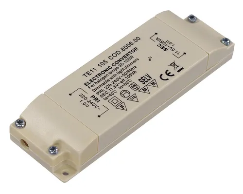 conecto Elektronischer Halogen-Trafo 12V/35-105W - Netzteile mit Überlastungsschutz und Temperatursicherung, ideal für Halogen-Beleuchtungen im Innenbereich, kompakte Abmessungen 130x43x20mm für einfachen Einbau in Möbel.