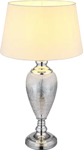 Elegante Tischleuchte mit E27 Sockel - Tischleuchte aus verchromtem Metall mit weißem Textilschirm, ideal für Wohnzimmer und Nachttisch. Stilvolles Design und praktische Größe (Ø 38cm, H 66cm) sorgen für eine angenehme Atmosphäre.