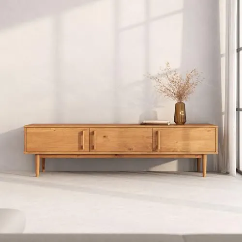 IDIMEX Lowboard TECCA – Eiche Finish, 3-türig, Massivholz - Vielseitiges Lowboard aus robustem Kiefer Massivholz mit 180 x 48 x 41 cm – ideal für TV und Stauraum im Wohnzimmer. Die warme Holzoptik schafft eine gemütliche Atmosphäre und passt perfekt zu jedem Einrichtungsstil.