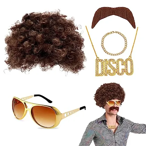 VIKSAUN 5-teiliges Hippie-Kostüm-Set mit Afro-Funky Perücke, Rapper-Zubehör der 80er-90er, 60er-Jahre-Kostüm für Karneval und Disco, geeignet für Männer und Frauen (5 Stück)
