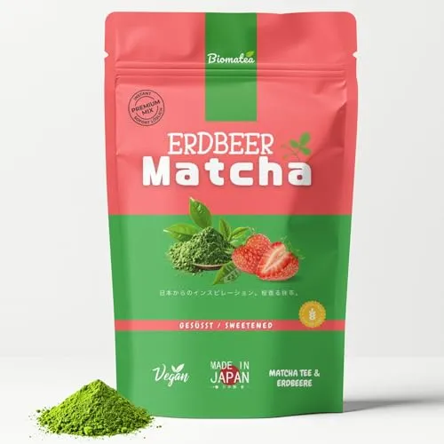 Biomatea japanischer Matcha Pulver mit Geschmack – Pfirsich, Sakura, Banane, Erdbeer oder Mango – Gesüßt – 100g – Sofort löslich in Wasser oder Milch, Instant trinkfertig, Vegan (Erdbeere)