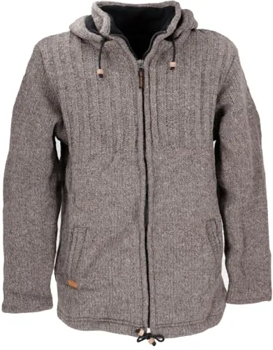 GURU SHOP Strickjacke Wolljacke Nepaljacke Braun - Modell 28 - Strickjacke für Herren aus reiner Schafwolle, fleecegefüttert und mit abnehmbarer Kapuze. Ideal für kalte Tage, fair produziert in Nepal.