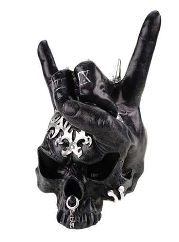 Kremers Schatzkiste Dekofigur Totenschädel Rock Yeah - Sammlerfigur im Gothic-Stil, hochwertige Polresin-Verarbeitung mit detaillierter Gestaltung, ideal als Blickfang für Wohnzimmer oder als Geschenk für Rockmusik-Liebhaber.