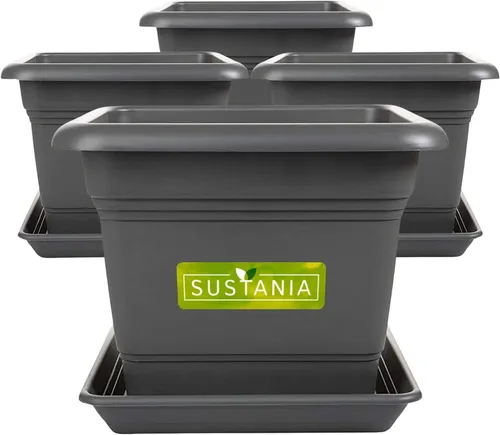 SUSTANIA Pflanzkübel Pflanzkübel 48x48 für Außen 4er Set inkl. Untersetzer, Idealer Übertopf für Garten-Terrasse in Anthrazit
