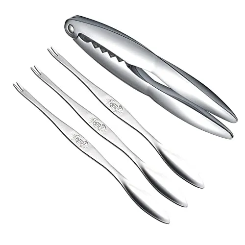 YZSZ 4-teiliges Meeresfrüchte Tool Meeresfrüchte Gabeln Set 1 Hummer Krabben Crab und 3 Edelstahl Meeresfrüchte Gabeln Hartschalen Schalentiere Alle Arten Von Meeresfrüchten und Nüssen Usw (Silber)