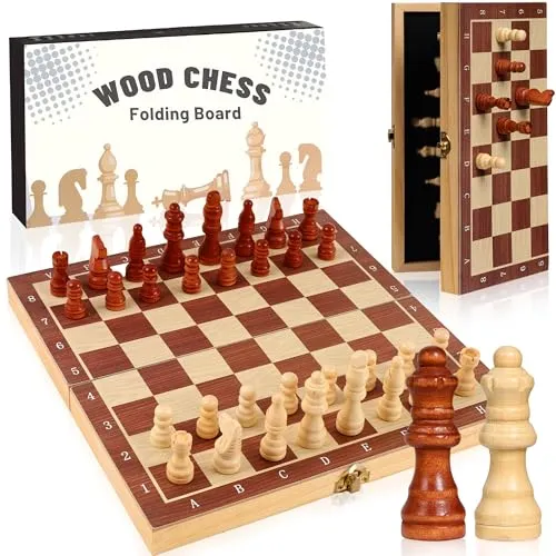 WUFANC Schachspiel Holz 29 x 29cm, Magnetisches Schachbrett Holz mit Starkem Magnetverschluss, Klappbare Holzkiste, Einfache Aufbewahrung, Chess Board mit Schwamm, Schachfiguren Bleiben Unversehrt
