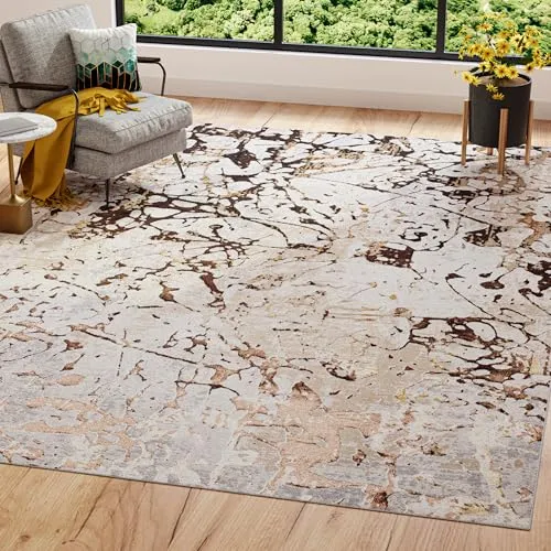 TAPISO Golden Teppich Wohnzimmer Kurzflor Schlafzimmer Luxuriös Creme Braun Abstrakt Holzmuster Meliert Verwischt Modern Design ÖKOTEX 80 x 150 cm
