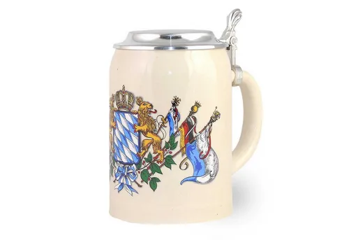 Bavariashop Bierkrug Steinkrug Bayern mit Deckel - 0,5 Liter - Bierkrug aus Steinzeug mit bayerischem Wappen, lebensmittelecht und ideal für Haushalt oder Party, perfekt für Bierliebhaber.