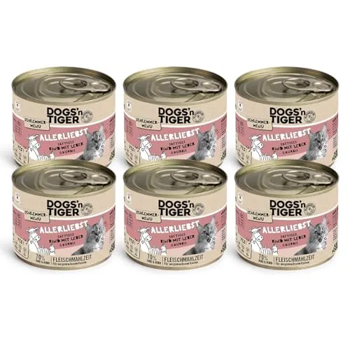 Dogs’n Tiger Adult Katzenfutter, Allerliebst, Katzennassfutter mit Rind, Leber und Kürbis - ohne Getreide, Zuckerzusatz, künstliche Konservierungsstoffe, optimale Verträglichkeit, 6X 200g