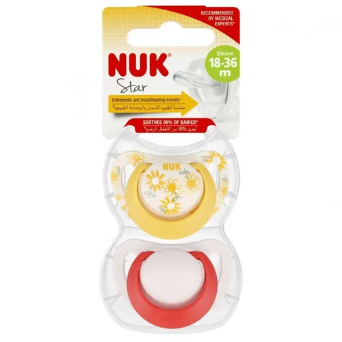 NUK Smoczek uspokajający silikonowy 18-36m Star czer/żół op.2 szt. 4008600442509