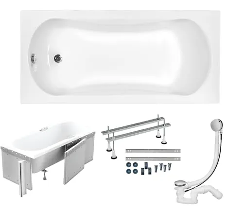 KOLMAN Badewanne ARIA Rechteck 150x70 - 4in1 Premium Acryl Komplettset - Luxuriöse Rechteckbadewanne 150x70 cm mit 139L Fassungsvermögen, inklusive Styroporverkleidung, automatischem Ablauf und Füßen. Hergestellt in der EU, widerstandsfähig und pflegeleicht für langanhaltenden Genuss.