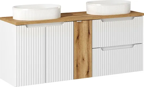 Lomadox Doppelwaschtisch NEWPORT-56-WHITE, 120cm - Stylischer Waschtisch in Weiß mit Eiche, ideal für kleine Badezimmer. Die gerillte Front und die Softclose-Funktion bieten Eleganz und Funktionalität in einem.