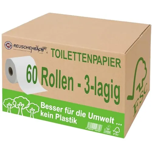 Reuschenbach Toilettenpapier ohne Plastikverpackung, 3-lagig, 60 Rollen á 170 Blatt, Weiß mit Dekorprägung, Großpackung