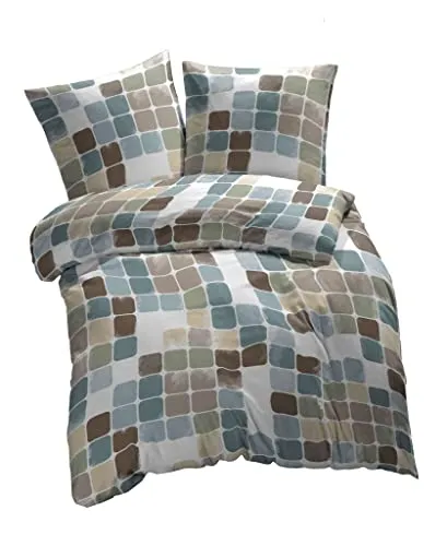 etérea Microfaser Bettwäsche 200x200 3 teilig - Ganzjahres Bettbezug - Punkte Karos Set mit Kissen 200x200cm + 2Stk 80x80cm - Beige