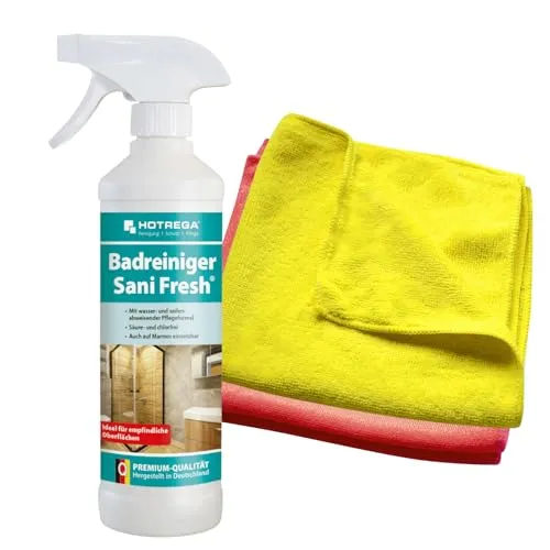 HOTREGA Badreiniger Sani Fresh 500 ml + 2 Microfasertücher - Gebrauchsfertiger, materialschonender Kalk- & Seifenentferner für Bad & WC