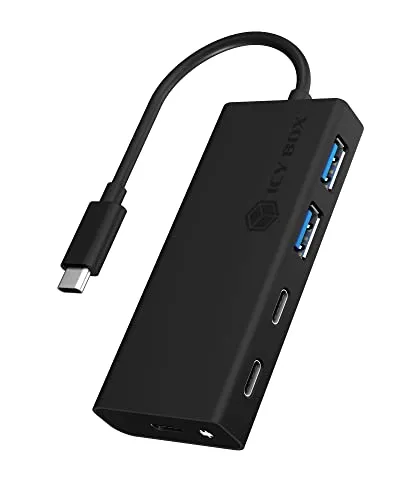 Icy Box USB Hub mit USB-C Stecker - 4x USB 3.0 Ports, Power Delivery 60W, integriertes Kabel, elegantes Aluminium-Design in Schwarz