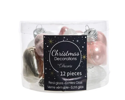 Kaemingk Christbaumschmuck, Christbaumschmuck Figuren Mix Glas 4cm 12er Set - Rosa / Weiß / Beige