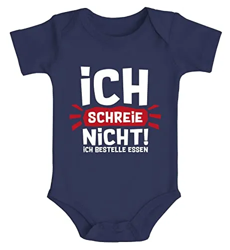 Produktbild MoonWorks® Baby Body mit Spruch Ich schreie nicht ich bestelle Essen lustige Spüche Bio-Baumwolle Jungen & Mädchen navy 6-12 Monate