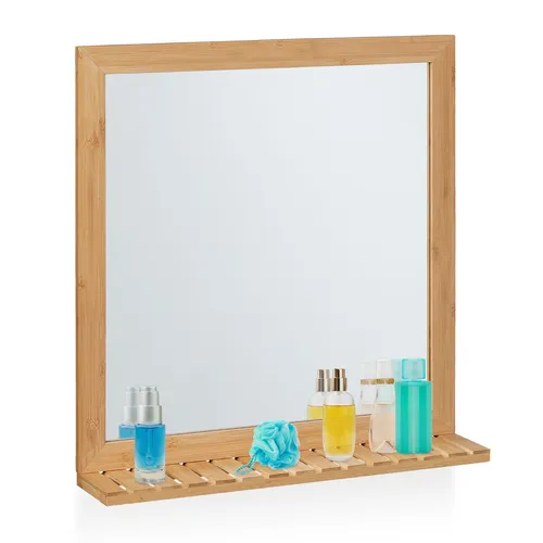 Wandspiegel Hängespiegel aus Bambus 52x52 cm - Badezimmerspiegel mit praktischer Ablage und stilvollem Bambusrahmen, ideal für eine moderne Badgestaltung.
