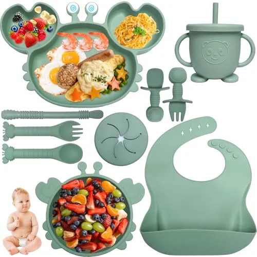 Kinyoda 10-teilig Silikon Baby Geschirrset, Rutschfest Kindergeschirr Set mit Saugnapf, Babyfütterungsset mit Löffel Gabel Schüssel Lätzchen Becher Trinklernbecher Teller,Silikon Geschirr Baby (Grün)