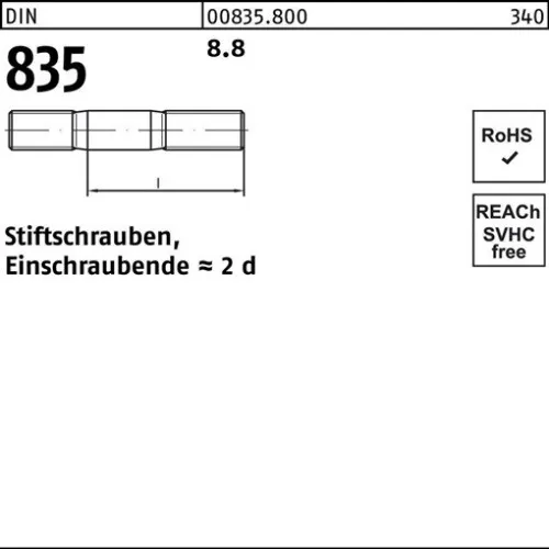 100er PACK(Stk) 000835080000080025 Stiftschraube DIN 835 M 8 x 25 8.8 Einschrau