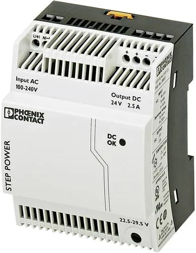 Phoenix Contact STEP-PS/1AC/24DC/2.5 Hutschienen-Netzteil - Netzteile mit hoher Energieeffizienz, ideal für Installationsverteiler und flache Bedienpulte, bietet 24 V/DC und 2.75A für zuverlässige Stromversorgung.