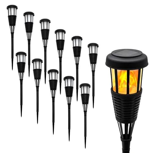 Solar LED Garten Fackel schwarz - 12er Pack - Lampen für den Außenbereich, stilvolle Deko mit orangefarbigem Licht, ideal für stimmungsvolle Abende im Garten.