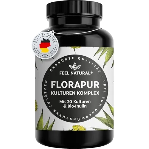 Florapur Kulturen Komplex - 180 magensaftresistente Kapseln - Probiotika Lactobacillus mit 20 Bakterienkulturen und Bio-Inulin für eine gesunde Darmflora. Hoch bioverfügbar, vegan und ohne unnötige Zusätze – ideal für deine innere Balance!