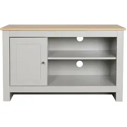 Eddie TV-Ständer aus MDF in Eiche und Grau - Moderner TV-Ständer mit kompaktem Design, ideal für kleine Räume. Bietet viel Stauraum durch Ablagen und Schrank, plus ein praktisches Kabelmanagement für Ordnung.