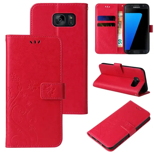 Handy Tasche für Samsung Galaxy S7 Handyhülle Blumen Flip Cover Buch Case Rot