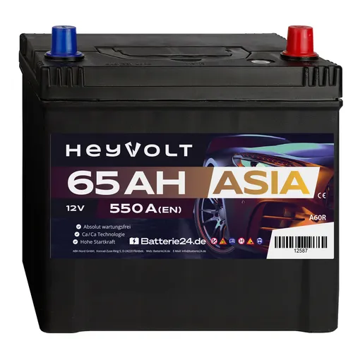 HeyVolt 65Ah Autobatterie ASIA 12V 550A Starterbatterie ersetzt 45 60 70Ah