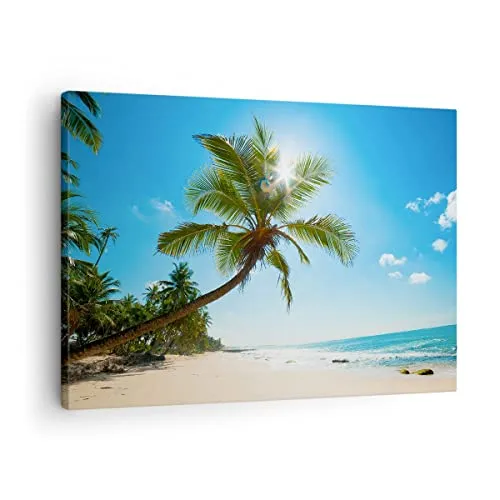Bilder auf Leinwand Strand Palme Meer Leinwandbild mit Rahmen 70x50cm Wandbilder Dekoration Wohnzimmer Schlafzimmer Küche Deko Klein Wanddeko Bild Wand Kunstdruck Art Wall Decor Canvas AA70x50-3570
