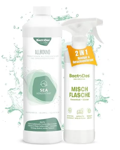 BactoDes - Clean Allround SEA probiotischer Allzweckreiniger 1L Konzentrat mit Sprayflasche - Spezial Enzymreiniger mit bio Mikroben-Wirkung - Effektiver Geruchsneutralisierer & Geruchsentferner