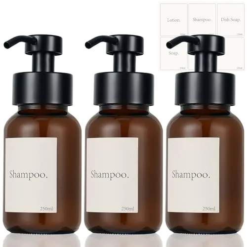 3er Seifenspender Glas Set, 250ml Seifenspender Dusche, Edelstähle Pumpspender mit Etiketten Shampoo Spender für Küche Badezimmer Bad (Braun)