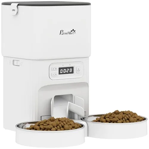 PawHut Futterautomat Katze 4L mit Edelstahlnäpfen - Praktischer 4L Futterautomat für Katzen und kleine Hunde, ideal für Mehrtierhaushalte. Mit LCD-Anzeige und programmierbaren Mahlzeiten sorgt er für stressfreies Füttern – perfekt für Kurzreisen!