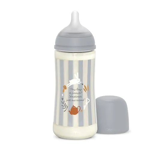 Suavinex Babyflasche 360 ml, mit physiologischem SX Pro Silikon-Sauger, Antikolik-Ventil. Babyflasche mit dickflüssigem Fluss-Sauger (L). Für Babys ab 6 Monaten. Wonderland, Blau